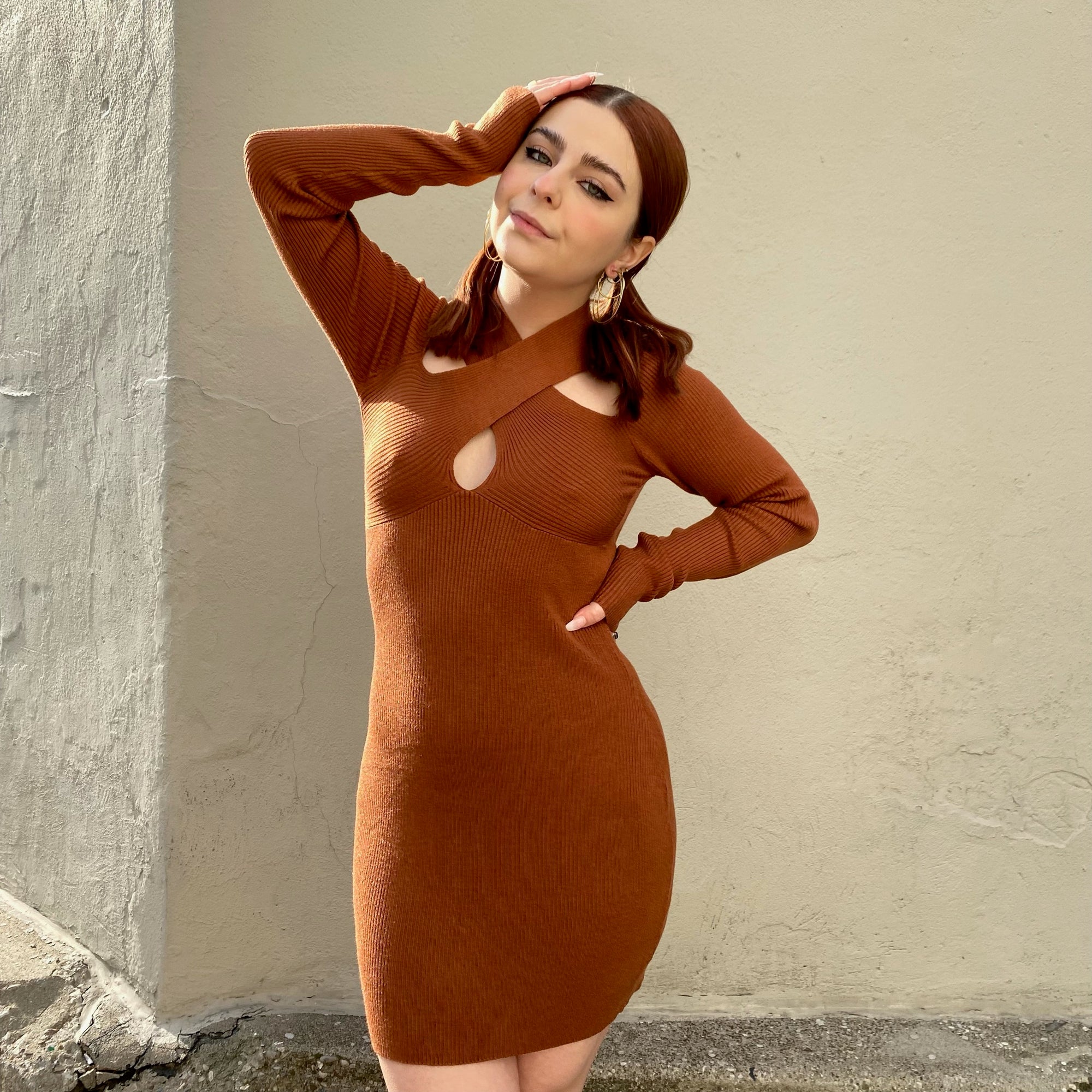 cut out knit dress Good Vibes Long Sleeve Solid Model is 58 and wearing a size Small Mango Women's Cut-Out Knit Dress